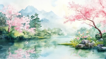 Poster - Spring blossoms and serene waters reflect natures beauty in a tranquil landscape with mountains in the background. Generative AI