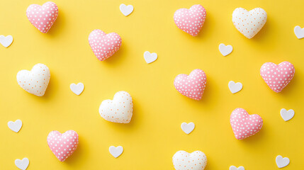 Valentines day light yellow background with soft pink polka dots and white hearts, banner design with copy space for text.