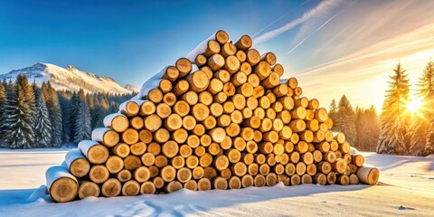 Poster - A snowy landscape sunrise illuminates a large pile of neatly stacked logs in a winter forest.