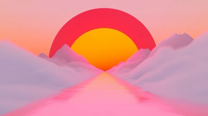 Canvas Print - Pastel pink mountains meet a vibrant sunset, creating a dreamy, surreal landscape. The scene is minimalist and artistic.