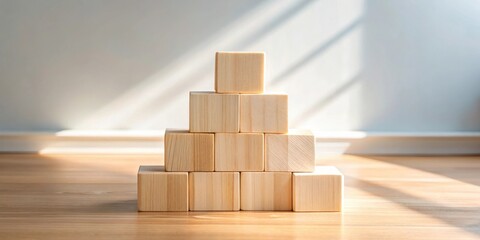 Aufkleber - A pyramid of light-colored wooden blocks sits on a light brown wooden surface, bathed in sunlight streaming from a window.