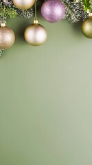 Wall Mural - Festive Christmas Ornaments Hanging on Snowy Pine Branches Against a Green Background