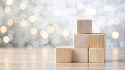 Aufkleber - Wooden blocks stacked on a table against a bokeh background