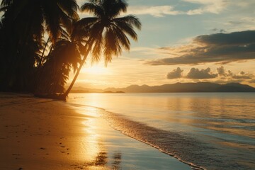 Aufkleber - Sunset casts warm glow on tranquil beach with palm trees silhouetted along the shoreline. Generative AI