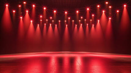 Wall Mural - 3d red led light panel in studio room background. Empty hall stage for virtual concert or luxury presentation. Futuristic club space for product display on television. Abstract board with reflection