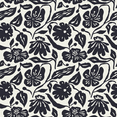 Wall Mural - Monochrome black and white brush strokes inky flowers seamless pattern. Abstract floral contemporary background. Textured botanical minimalist wallpaper