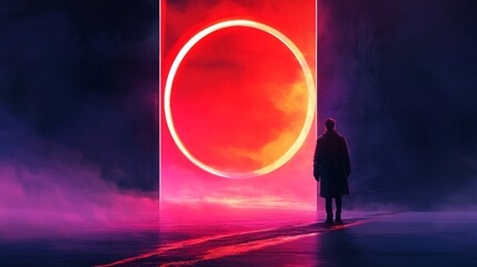 Wall Mural - a lone man stands before a vibrant, otherworldly portal, bathed in a surreal, neon glow. a journey a