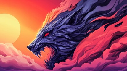 Sticker - Fierce digital art of a wolf's head, rendered in shades of purple and red against a vibrant sunset backdrop.  A striking image.