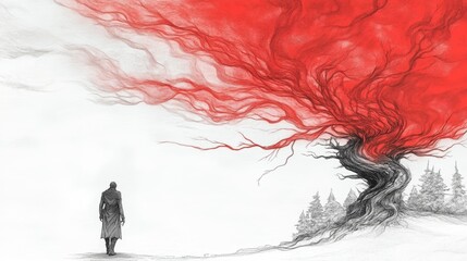 Wall Mural - a lone figure walks towards a surreal, crimson tree, its branches reaching out like fiery tendrils a