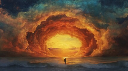 Wall Mural - a solitary figure stands before a breathtaking sunset, framed by a fiery cloud portal. a surreal sea