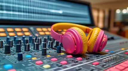 Leinwandbilder - Colorful headphones resting on a music mixer in a recording studio during a vibrant music session. Generative AI