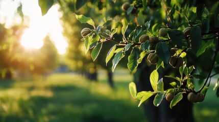 Sunlit walnut tree branch with green leaves in tranquil orchard