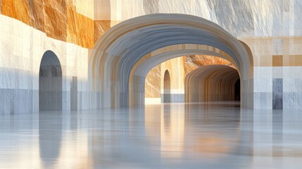 Wall Mural - Abstract architecture.  Serene, light-filled interior space with arches and reflective floor.