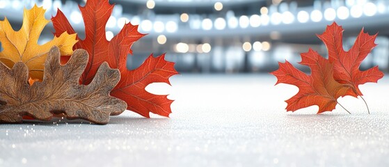 Wall Mural - Glittery Autumn Leaves on White Surface