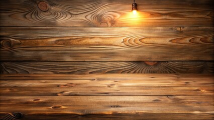 Poster - Rustic wooden background with a warm-toned hanging lightbulb above a horizontal wood surface perfect for product placement or text overlay.