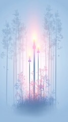 Wall Mural - Glowing Candles in a Misty Winter Forest