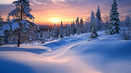 Wall Mural - winter sunrise over snowy landscape in peaceful forest