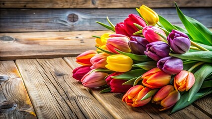 Wall Mural - Vibrant Spring Tulips on Wooden Table - Copy Space for Text