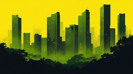 Canvas Print - Urban skyline with silhouettes against a vibrant yellow atmosphere