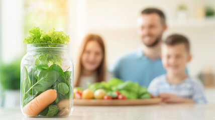 family preparing fresh vegetables in bright kitchen, promoting healthy eating and sustainability. jar filled with greens symbolizes zero waste practices