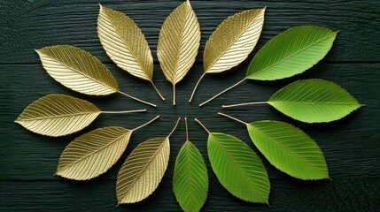 Wall Mural - Golden and Green Leaves Arranged in a Circle on Dark Wood Background