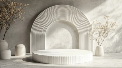 Wall Mural - Minimalist Product Showcase with Arch and Botanical Accents Display