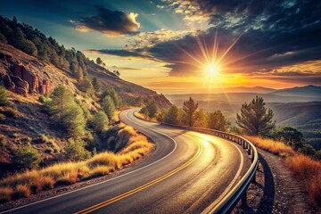 Wall Mural - Vintage Empty Curved Road, Elevated View - Scenic Highway Panorama