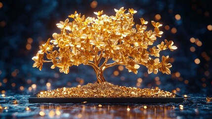 Sticker - Golden bonsai tree on dark background, glowing