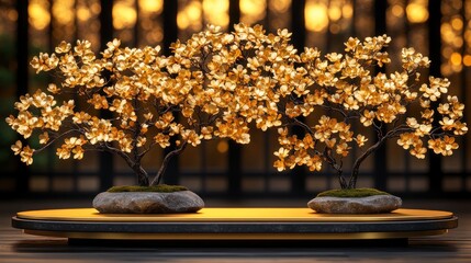 Canvas Print - Golden bonsai trees on a display in a dark interior