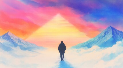 Wall Mural - A lone figure walks towards a radiant pyramid-shaped light in a surreal, colorful mountain landscape.