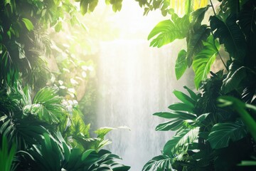 Aufkleber - Lush tropical foliage frames a serene waterfall bathed in soft sunlight in a peaceful natural setting. Generative AI