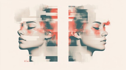 Canvas Print - Digital art portrait of a young woman, her face fragmented with glitch effect in coral and teal tones.