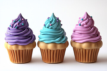 Wall Mural - Three decorative cupcakes with colorful frosting and sprinkles against a bright white background.