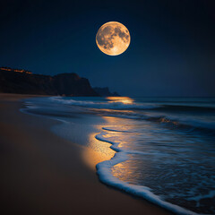 Poster -  beach waves under a full moon