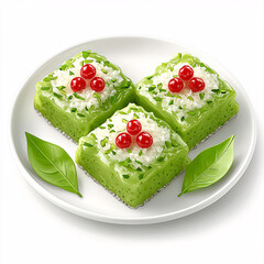 Canvas Print - Three square green cakes with rice, red berries, and herb garnish, served on a white plate with leaves.