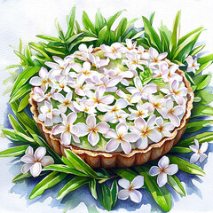 Poster - Watercolor painting of a tart filled with white plumeria flowers and surrounded by vibrant green leaves.