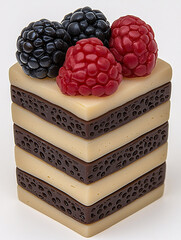 Wall Mural - A layered dessert of light and dark rectangles topped with raspberries and blackberries, creating a delectable, textured treat.