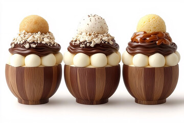 Wall Mural - Three fancy desserts, each in a chocolate wood-patterned cup, topped with cream, chocolate, crumble, and different flavored balls.