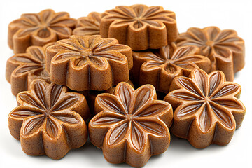 Wall Mural - Pile of flower-shaped, brown candies with textured petals, stacked on a white surface.