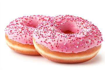 Wall Mural - Two sweet donuts glazed with pink frosting and colorful sprinkles, resting on a white surface.