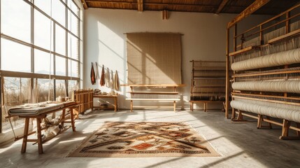 Wall Mural - bright weaving studio with natural light and handcrafted textiles.