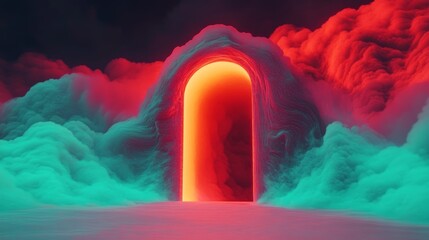 Sticker - Surreal digital art depicting a glowing archway in a vibrant, otherworldly landscape.  Intense red and teal hues create a mystical atmosphere.