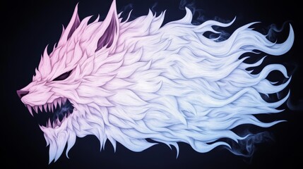 Wall Mural - Fierce wolf with flowing mane of pink and blue flames against a dark background. Mystical and powerful digital art.