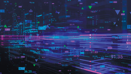 Communication network concept. Digital transformation. Engineering, coding with technology icons, numbers and binary code, big data. Data flow information. Digital communication concept. Vector.