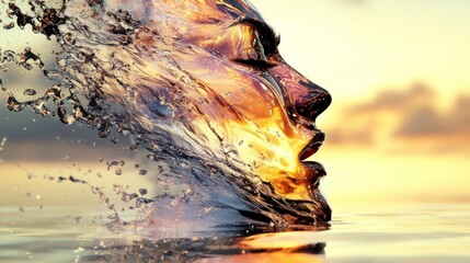 Canvas Print - Woman's face emerges from water, sunset hues. Golden light and water droplets create a stunning visual.