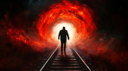 Wall Mural - a lone figure walks toward a bright light at the end of a fiery tunnel. an intense journey of hope a