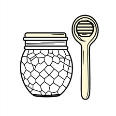 Poster - Honey jar with wooden dipper, simple illustration