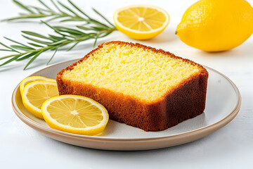 Wall Mural - Lemon cake with fresh lemons and rosemary on plate on white table, for bakery menu