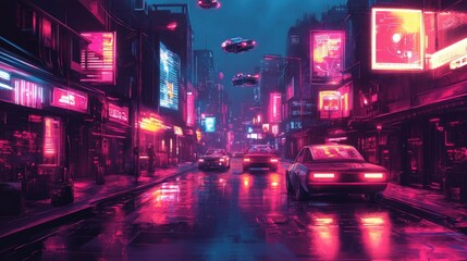 Wall Mural - Cyberpunk city street, neon lights, flying cars, rain.