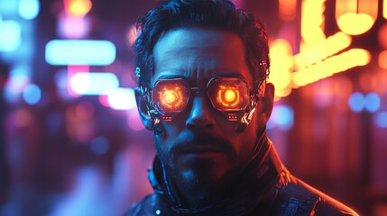 Wall Mural - Futuristic man neon city glowing eyewear